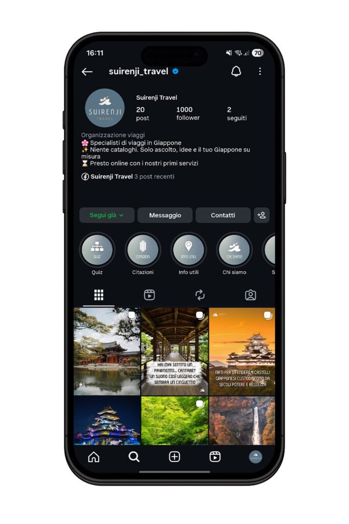 Schermata del profilo Instagram di Suirenji Travel su smartphone