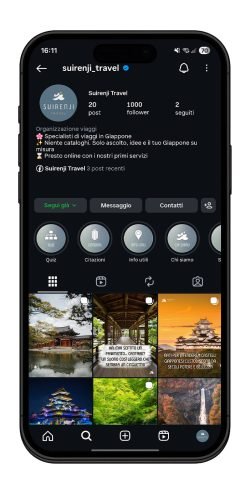 Schermata del profilo Instagram di Suirenji Travel su smartphone